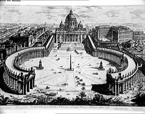 La piazza e la basilica di San Pietro. Incisione di Piranesi del XVIII secolo