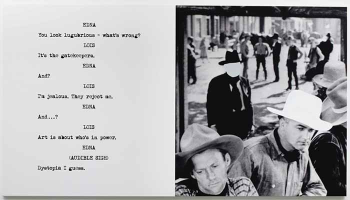 © John Baldessari. Pictures & Scripts: Cow Boys, 2015. Diptych,  varnished inkjet print on canvas with acrylic paint. Courtesy the Artist and Marian Goodman Gallery