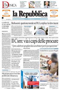 La prima pagina de La Repubblica del 7 dicembre 2008. Il volto della persona ritratta è stato sfocato da CultFrame